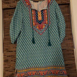Women Bohemian Neck Tie Vintage Printed Ethnic Style Summer Shift Dress, Size M